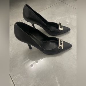 BCBG black leather heels with silver buckle size 8.5